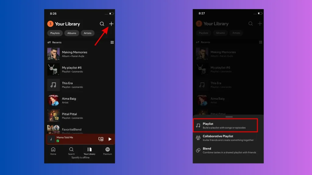 Criar nova lista de reprodução do Spotify no celular
