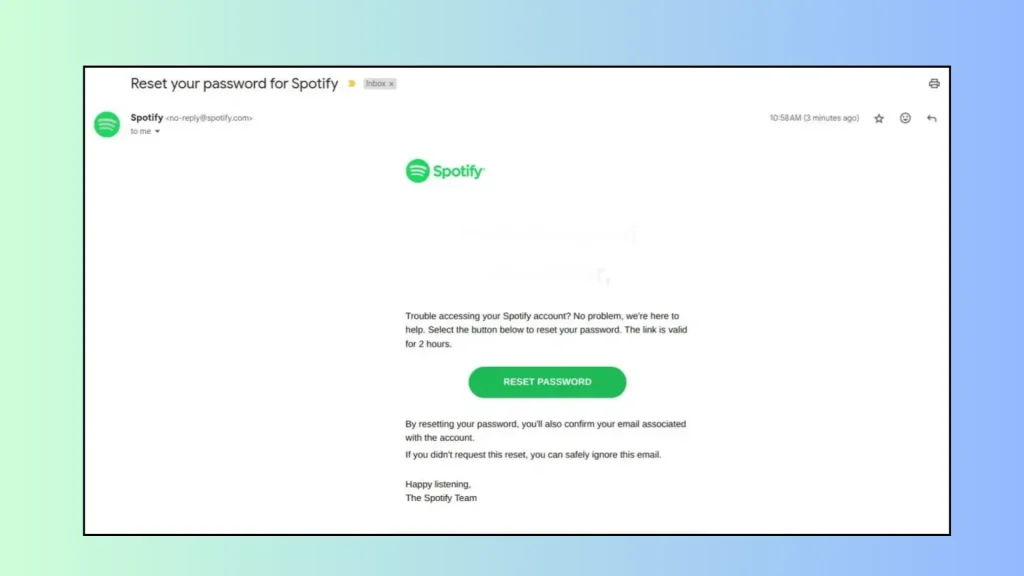 clique no botão de redefinição de senha no emain 